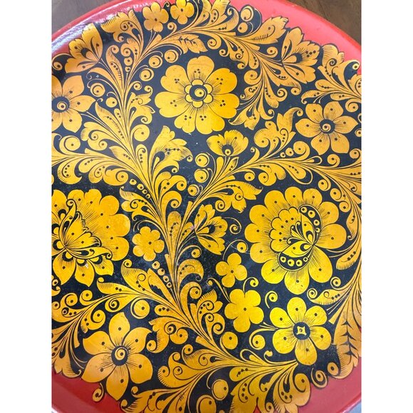 Vintage Russian Made in USSR Laquered Plate Gold Black Wooden Ware Folk Art READ - Picture 3 of 14